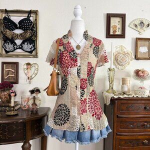 Y2k whimsical boho floral pleated ruffled blouse